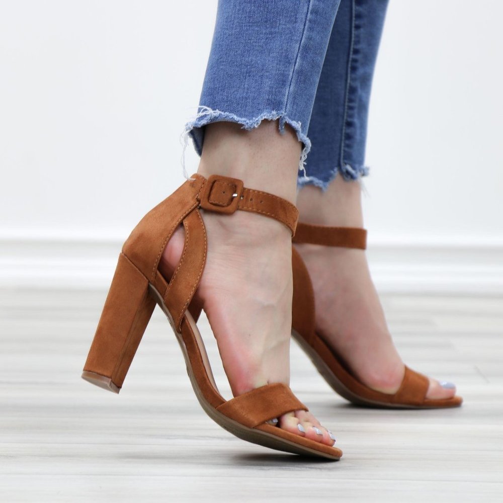 Faux Suede Open Toe Block High Heel Sandals - Picture 7 of 12